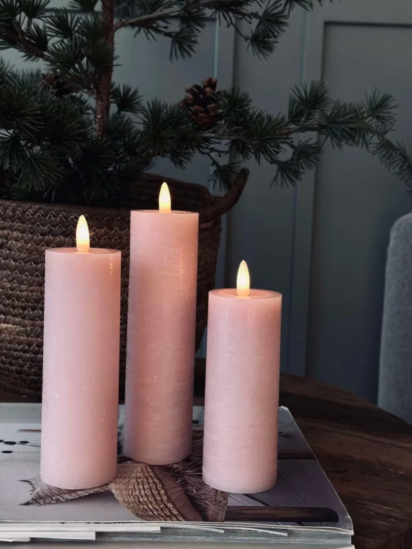 LED Stumpenkerzen / Rosa – 3 Stk. Rustikal Ø 5 cm