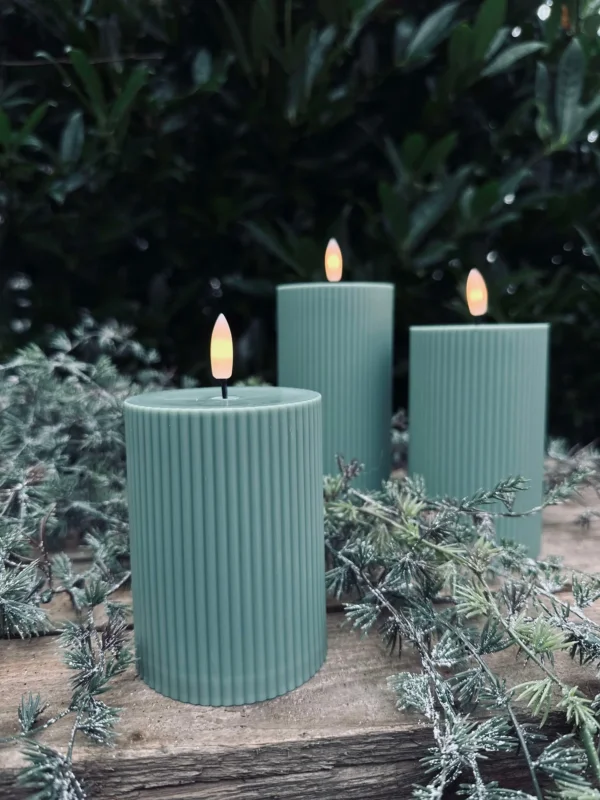 LED Outdoor-Blockkerzen mit Rillen - Set mit 3 Stk. - Grün