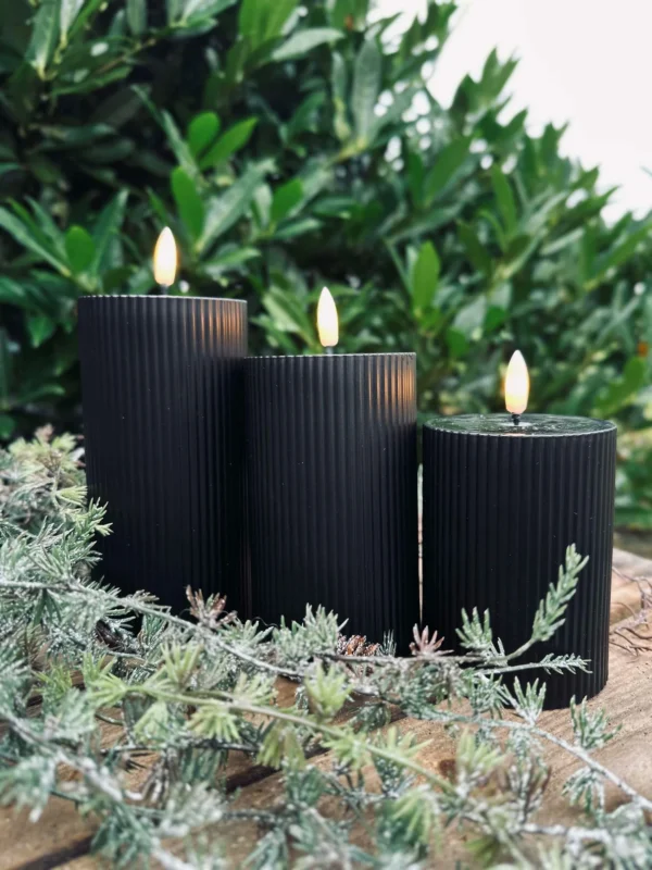 LED Outdoor-Blockkerzen mit Rillen - Set mit 3 Stk - Schwarz