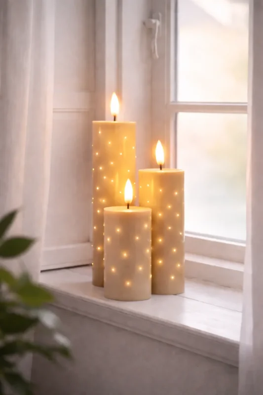 LED Blockkerzen TWINKLE beige - Set mit 3 Kerzen.