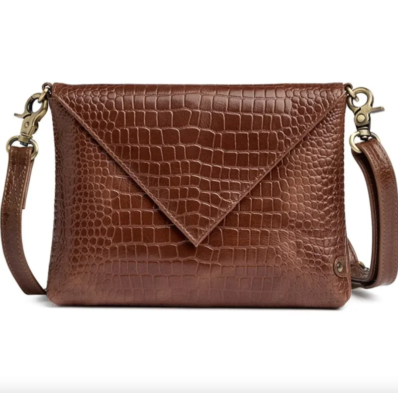 Croco-Clutch aus Leder - Cognac