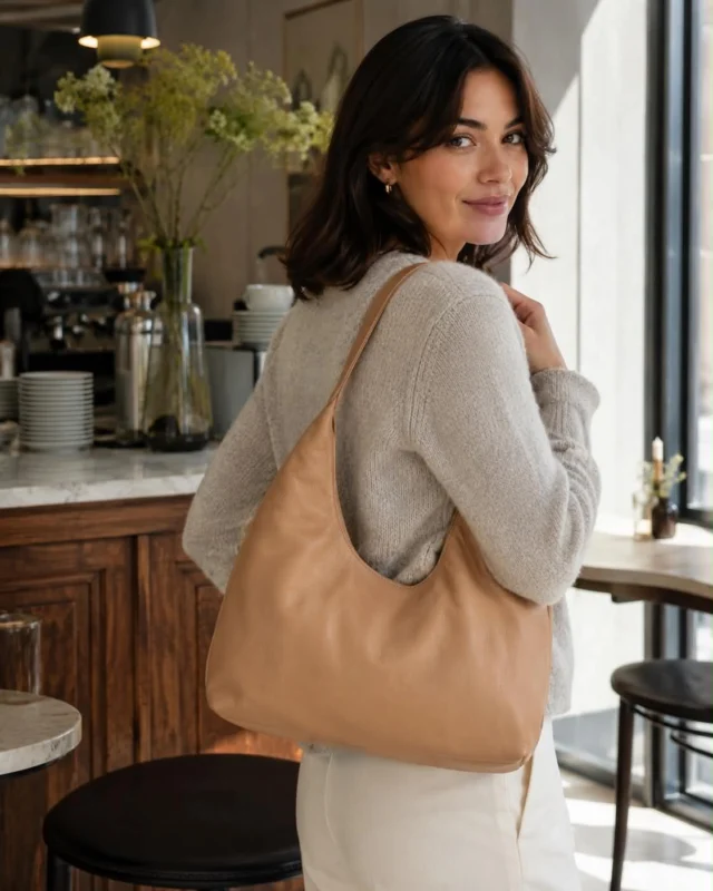 Schultertasche aus weichem Kalbsleder - Camel